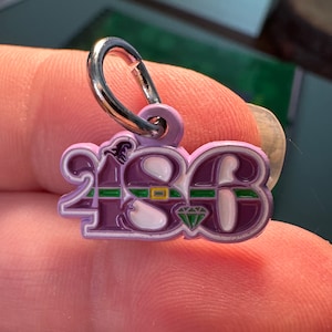 May include: Purple metal charm with the number 2183, a green and yellow belt, and a diamond. The charm has a silver loop for attaching to a necklace or bracelet.