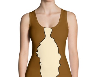 May include: A brown tank top with a light brown patch on the front, resembling a dog's fur.