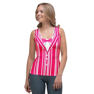May include: A sleeveless tank top with a pink and white striped design, mimicking a formal vest. The top features a pink bow tie and a white shirt design. The overall look is playful and eye-catching, suitable for casual wear.