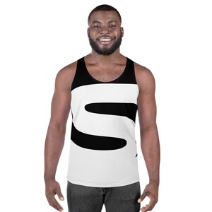 May include: A white tank top with a black stylized letter "S" graphic design.