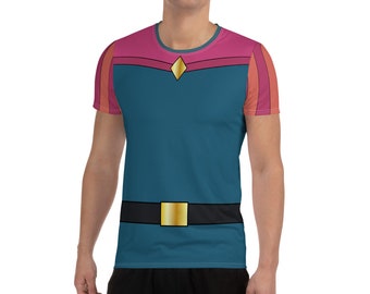 May include: A teal blue short-sleeved shirt with a pink and orange striped collar and sleeves. The shirt has a gold diamond shape on the chest and a black belt with a gold buckle.