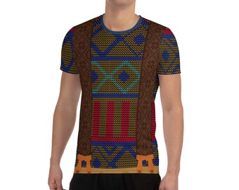 May include: A brown, blue, red, and green patterned short-sleeved shirt with a brown knit pattern and brown suspenders.