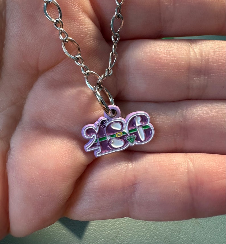May include: A silver chain necklace with a purple pendant featuring the number "2186" with green accents and a diamond.