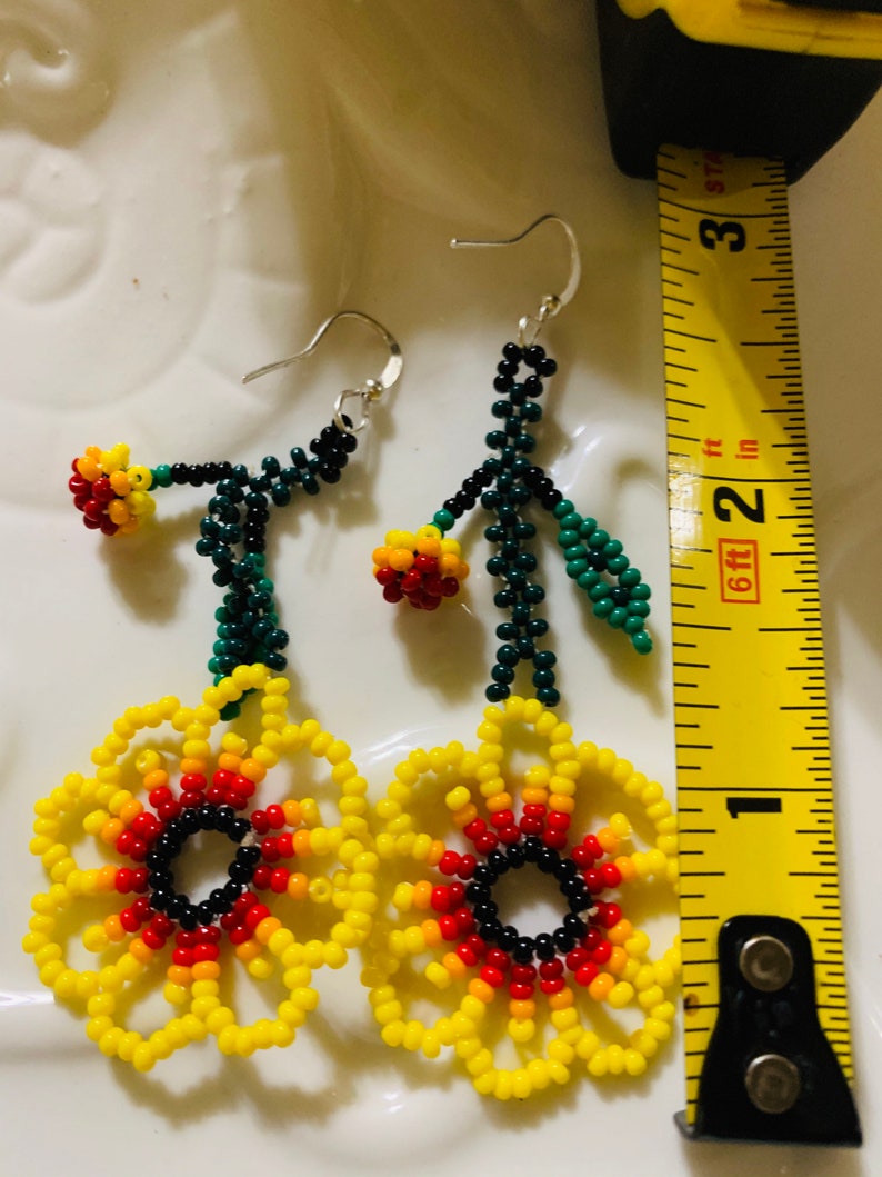 Large glass seed bead yellow color floral earring dangle silver plated hook chaquira