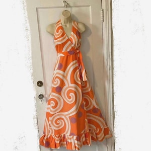 Baba Kea Peach Color Honolulu Hawaiian Halter Maxi Dress - Swirl Print 1970’s Vintage Cotton Hawaiian Halter Maxi Dress by BABA KEA Honolulu