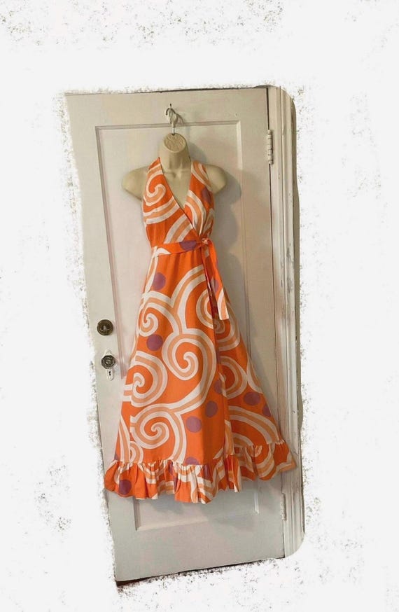 Baba Kea Peach Color Honolulu Hawaiian Halter Maxi Dress - Swirl Print  1970's Vintage Cotton Hawaiian Halter Maxi Dress by BABA KEA Honolulu - Etsy