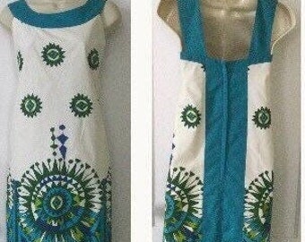 SHAHEEN’S 1950’s Vintage Hawaiian Dress - Teal/Ivory Kaleidoscope Tiki Print Hawaiian Dress by SHAHEEN’S of Honolulu from Alfred Shaheen