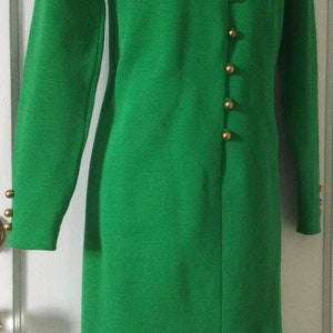 Bobbie Brooks Vintage Wool Dress Kelly-Green Double Knit Virgin Wool Long-Sleeve Gold Buttoned 1960s Vintage Shift Dress by BOBBIE BROOkS image 4