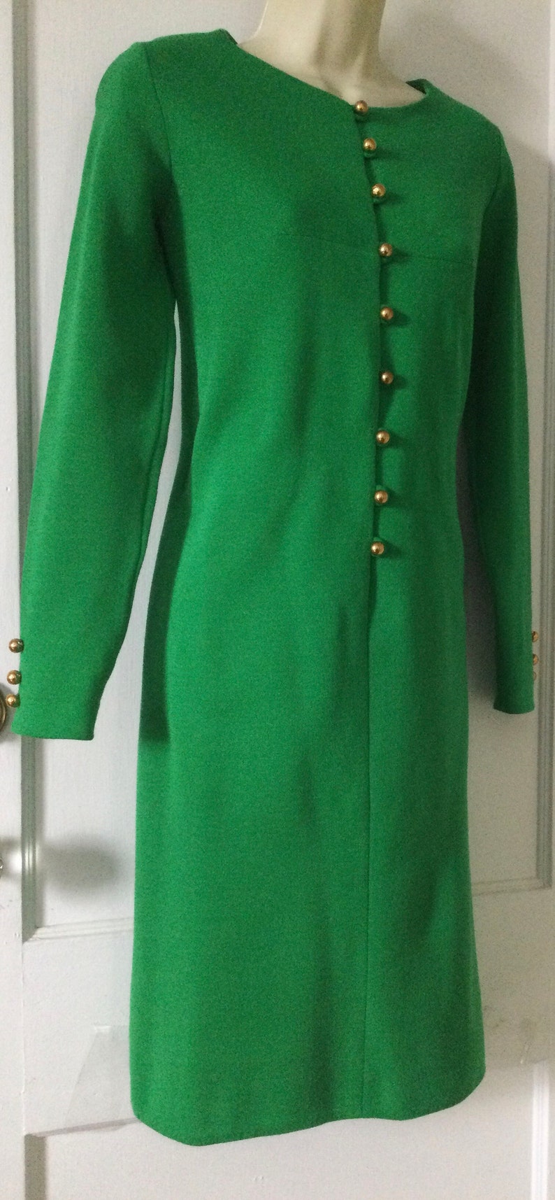 Bobbie Brooks Vintage Wool Dress Kelly-Green Double Knit Virgin Wool Long-Sleeve Gold Buttoned 1960s Vintage Shift Dress by BOBBIE BROOkS image 4