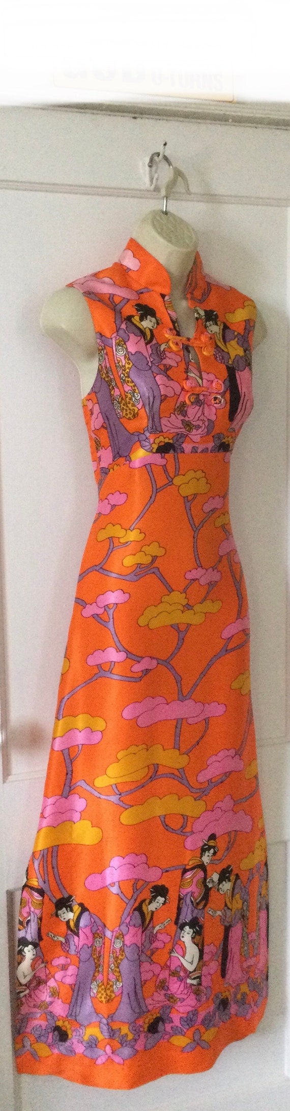 Geisha Ladies Print 1970’s Maxi Dress - Tangerine… - image 4