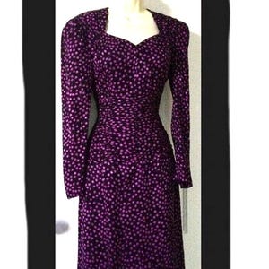 ESCADA Black/Purple Polkadot 1980’s Vintage Silk Dress - Black/Purple Silk Polkadot Long Sleeve ESCADA 1980’s Dress by Margaretha Ley Size 2