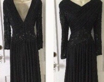 Vintage Victoria Royal Maxi Dress - Black Beads/Sequins-Trim Pleated Long Sleeve 1960’s Vintage VICTORIA ROYAL Maxi Dress