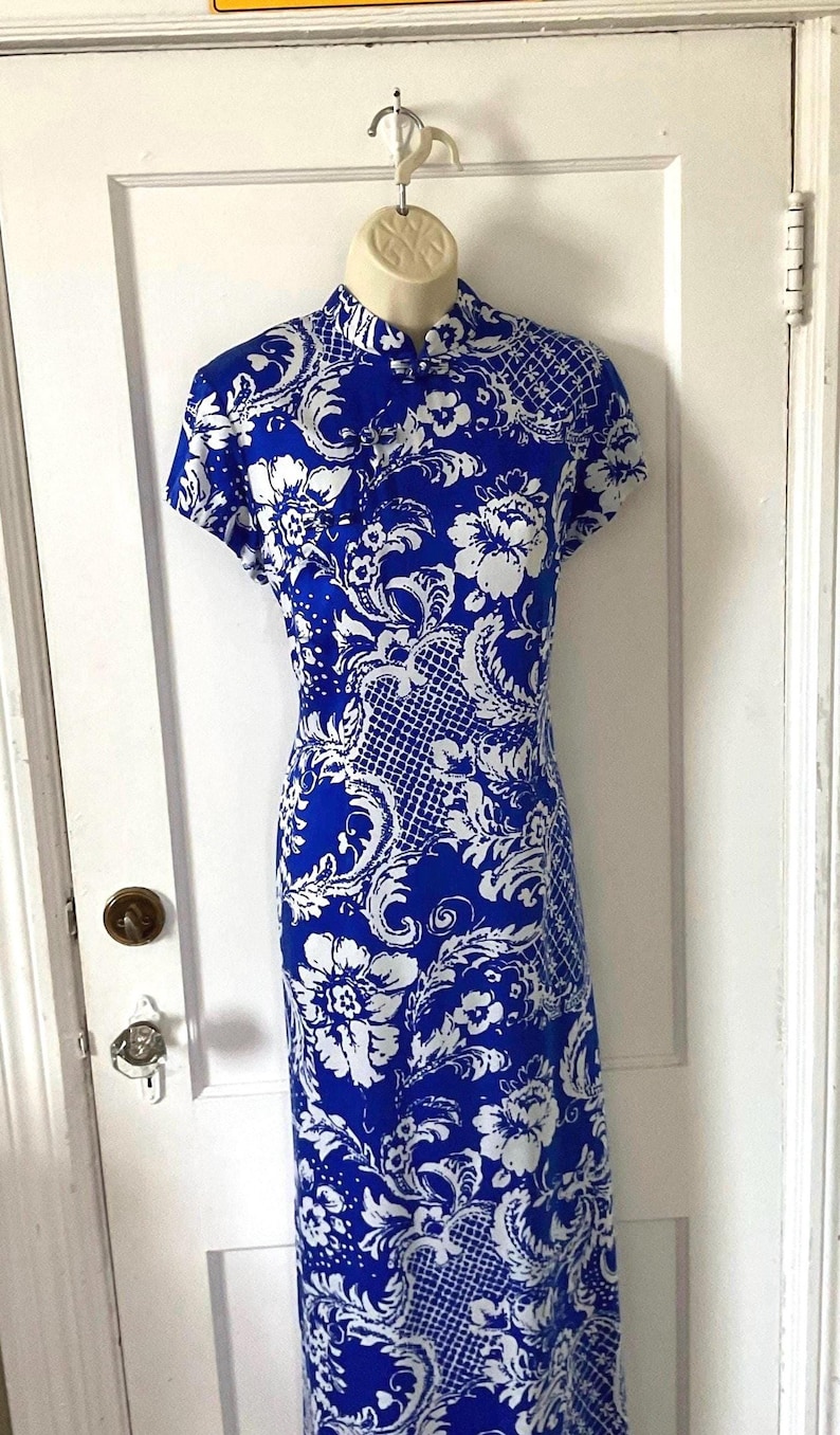 1970's Vintage Mcinerny Blue Floral Hawaiian Holoku Maxi Dress - Blue ...