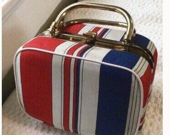 Red/Blue Striped Vintage Box Bag - Red/Blue Stripes Silk Fabric 1960’s Vintage Top Handle Box Purse Bag