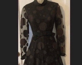 EMMA DOMB Brown Vintage Midi Dress - Brown/Black Mesh Polkadot Embossed 1960’s Vintage Fit and Flare Midi Dress by Emma Domb California