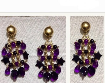Purple Vintage Chandelier Earrings - Purple/Black/Goldtone  Beads/Chain-Link 1970’s Chandelier Earrings.