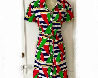 1970s Sailor Dress by JAMISON Boutique: White/Red/Blue Sail-Boat Print Vintage Belted Cotton JAMISON Shirt Dress