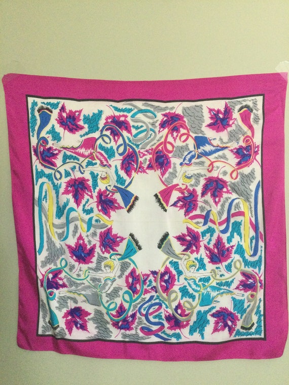 Pink/Blue Dancers Print Silk Vintage Scarf - Fuch… - image 1