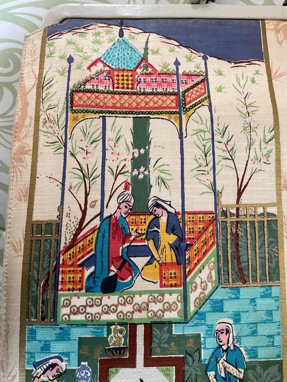 Large Silkscreen Printed Persian/Mughal Scenes 1960’s Vintage Top Handle Attaché Style Square Bag by b.b BERGER View 3