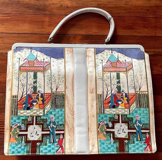 Large Silkscreen Printed Persian/Mughal Scenes 1960’s Vintage Top Handle Attaché Style Square Bag by b.b BERGER