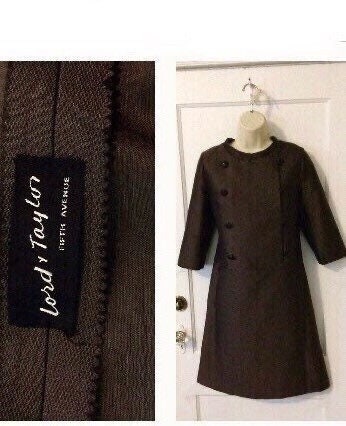 LORD & TAYLOR Vintage Dress Brown Buttoned Front 3/4 Sleeve 