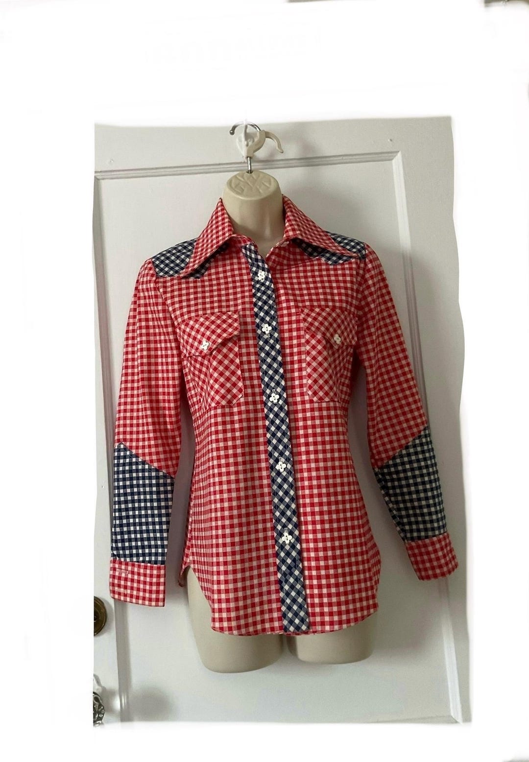 Red/blue Checkered Color/print Block Cotton 1970’s Western Shirt by ...