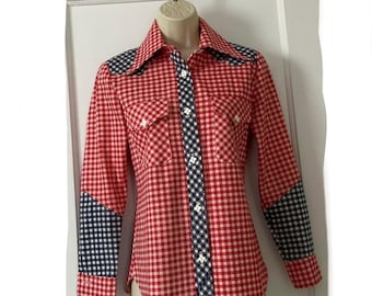Red/Blue Checkered Color/Print Block Cotton 1970’s Western Shirt by ARTBRO Junior Sportswear