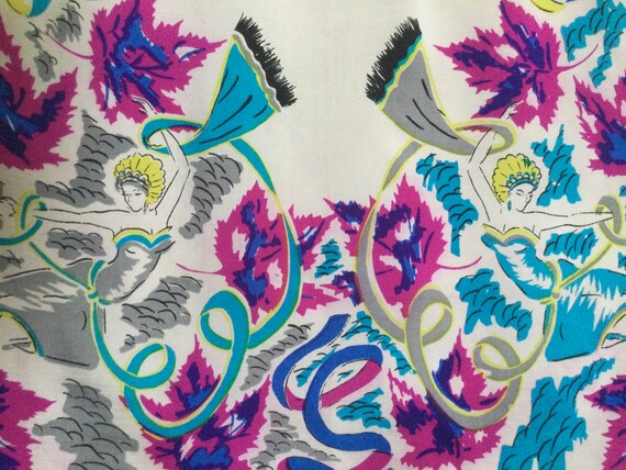 Pink/Blue Dancers Print Silk Vintage Scarf - Fuch… - image 3