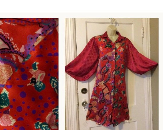 Red Silk DIANE FREIS Shirt Dress - RED Dot/Floral… - image 1