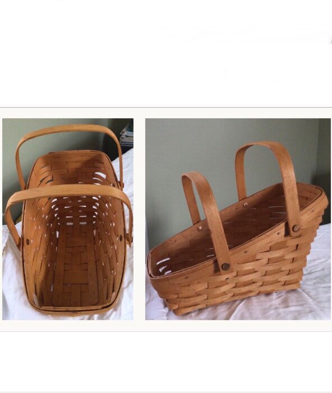 Longaberger Woven Basket Brown Hand Woven Rattan 1990s Vintage 2 Handles Vegetable Market Basket