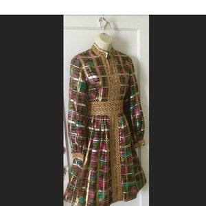 Gold/Silver/Berry Metallic Madras Patterned Soutache Trim Bishop Sleeves 1970’s Vintage Standing Collar Chiifon Silk Fit and Flare Dress