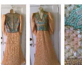 MARY McFADDEN Couture Beaded Gown Dress - Peach Beaded/Sequins Plissé Pleated Silk 1980’s Vintage Long Sleeve Gown by Mary McFadden Couture