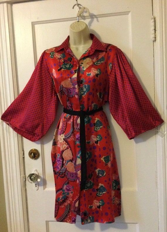 Red Silk DIANE FREIS Shirt Dress - RED Dot/Floral… - image 2