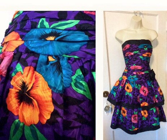 A.J.Bari Silk 1980’s Strapless Dress - Purple/Blac