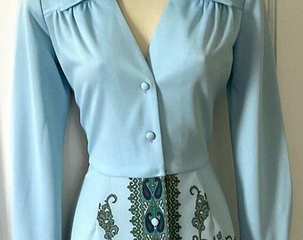 Alfred Shaheen Floral 1970’s Midi Shirt Dress - Blue Floral/Paisley Print 1970s Vintage Long Sleeve ALFRED SHAHEEN Hawaiian Midi Shirt-Dress