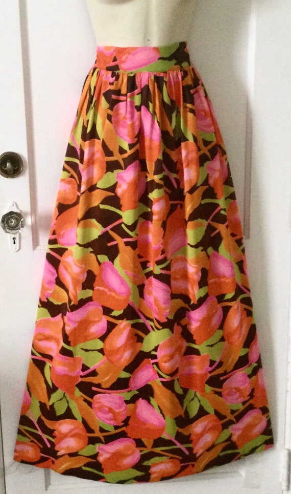 Floral 1970’s Vintage Maxi Skirt - Tangerine/Pink… - image 4