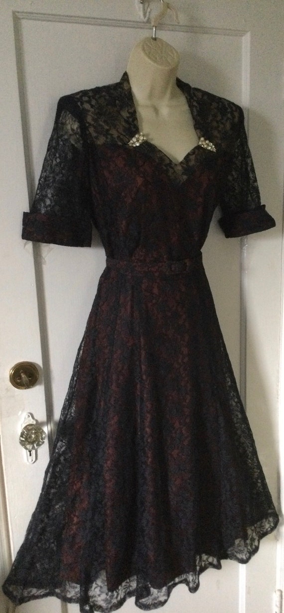 Blue 1940’s Vintage Belted Lace Dress - Dark Navy… - image 7