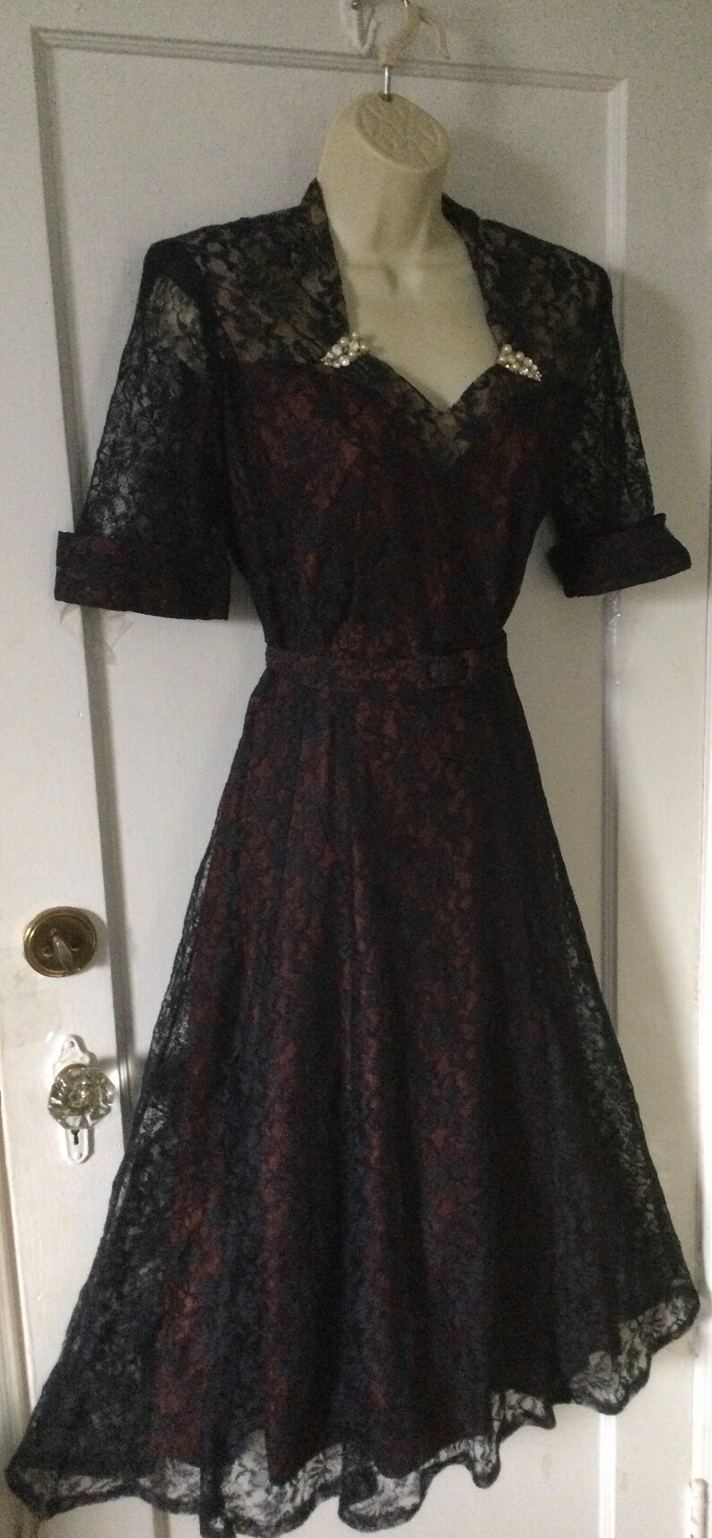 Vintage 1940s Blue Lace Collar Cuffs Dress by Mark Robbins | XS/S