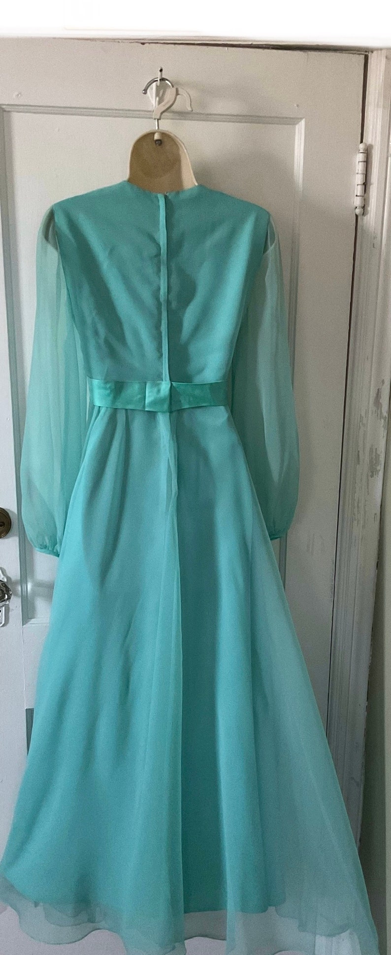 1960s vintage evening dress, turquoise blue poly chiffon scarf cape dress gown