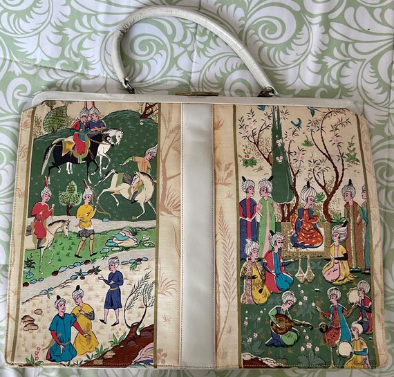 Large Silkscreen Printed Persian/Mughal Scenes 1960’s Vintage Top Handle Attaché Style Square Bag by b.b BERGER View 2