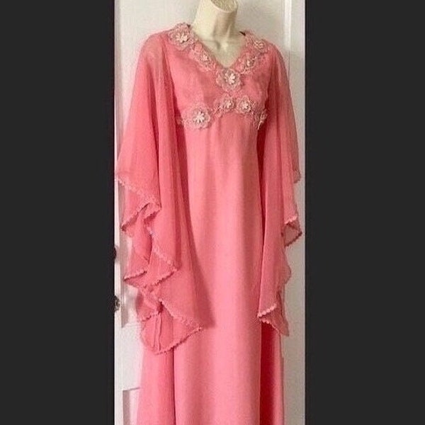 Pink Vintage Bat Sleeves Silk Chiffon Maxi Dress - Pink Silk Floral Appliqué 1960’s Vintage Bat Sleeves Silk Chiffon Maxi Dress by INGEAR