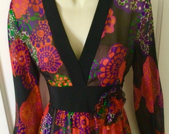 Vintage 1970s Silk Chiffon Maxi Dress – Floral Bishop Sleeve, Size 8