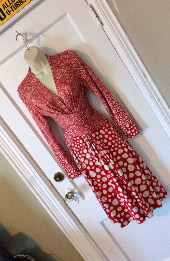 ISSA London Dress - Red/Ivory Waist Tie-Detail Dot-Pr… - Gem