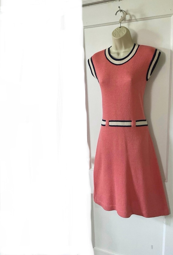 ADOLFO Vintage 1960’s Wool Knit Dress with Cardigan Set - Peach 1960’s Vintage ADOLFO Knit Dress with Cardigan Set for Saks Fifth Avenue