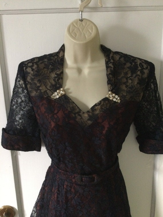 Blue 1940’s Vintage Belted Lace Dress - Dark Navy… - image 6