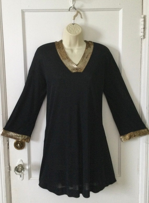 Jean Muir, Black Sequins JEAN MUIR Dress - Black/Gold Sequins Trim 1980 Vintage A-line Jersey Dress is by Jean Muir - London Size 12 (USA) or 14 (uk)