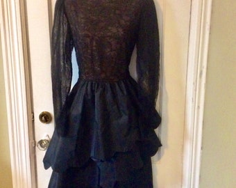 Hanae Mori Lace Vintage Dress - Black Lace/Taffeta Silk 1980’s Vintage Long-Sleeve HANAE MORI Ruffled Dress Size 6 to Size 8