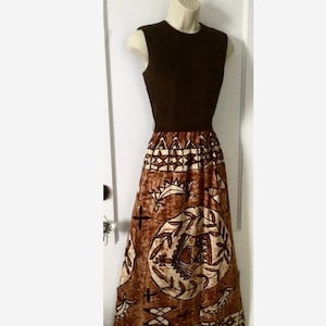LANZ Original Maxi Dress - Brown Pattern/Solid Block Ethnic Print Belted 1970s Vintage Sleeveless LANZ Original Maxi Dress for Bonwit Teller