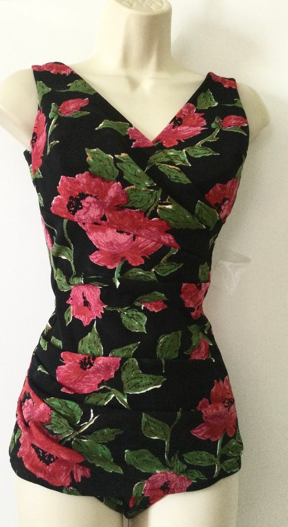 Floral Vintage MAIDENFORM Swimsuit - Black/Fuchsi… - image 6