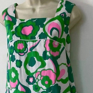 1960&#39;s Vintage Floral Hawaiian Aloha MALIHINI MuuMuu Maxi Dress - Green/Pink Floral Cotton Sleeveless Maxi MuuMuu Dress by MALIHINI Hawaii
